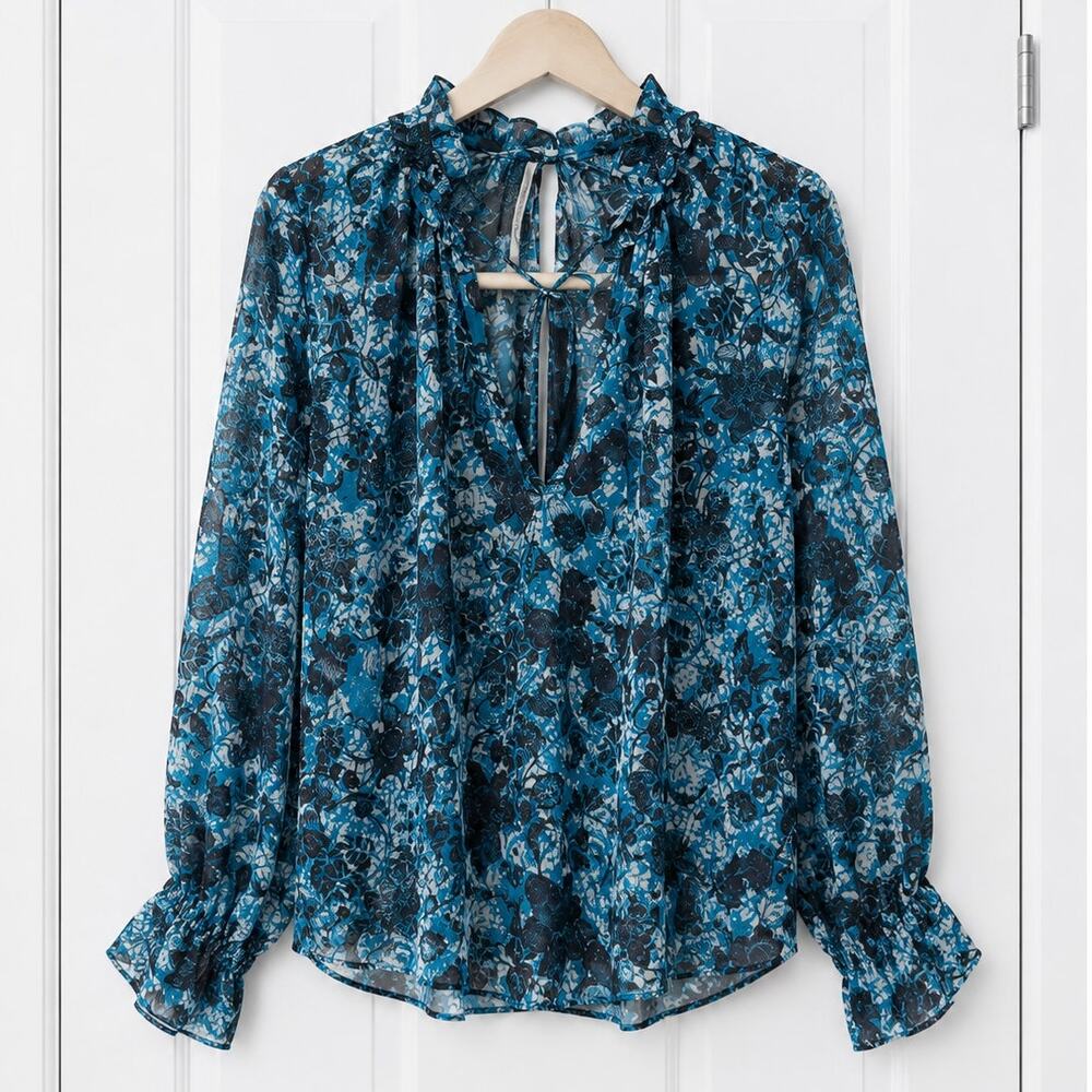 Anthropologie  Blue Floral Sheer Ruffle Neck Tie Blouse Long Sleeve Boho Size XS